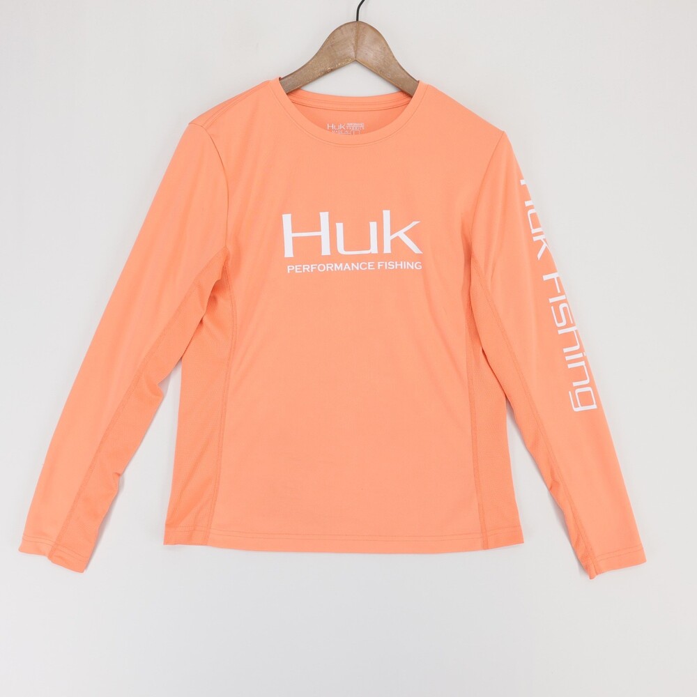 Huk Icon X Shirt Womens L Orange Long Sleeve Crew Neck Performance Fishing